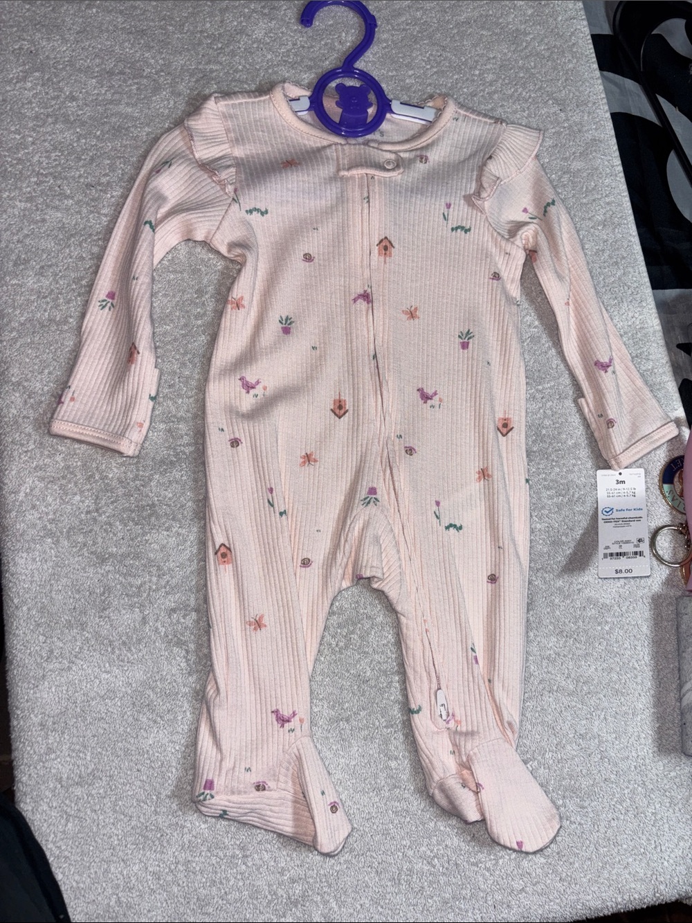 Carter's Light Pink Ribbed Footed One-Piece with Floral & Birdhouse Print